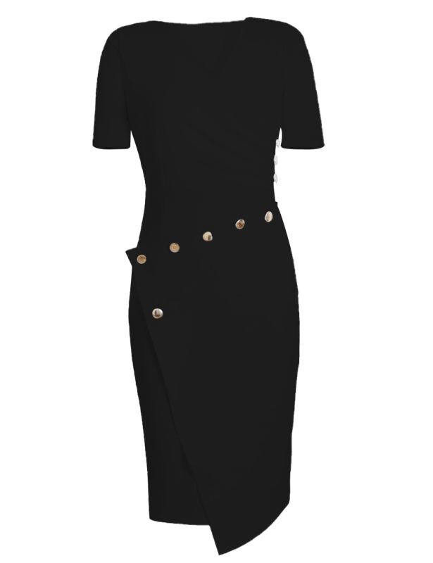 Asymmetric Button Detail Black Short Sleeve Midi Dress