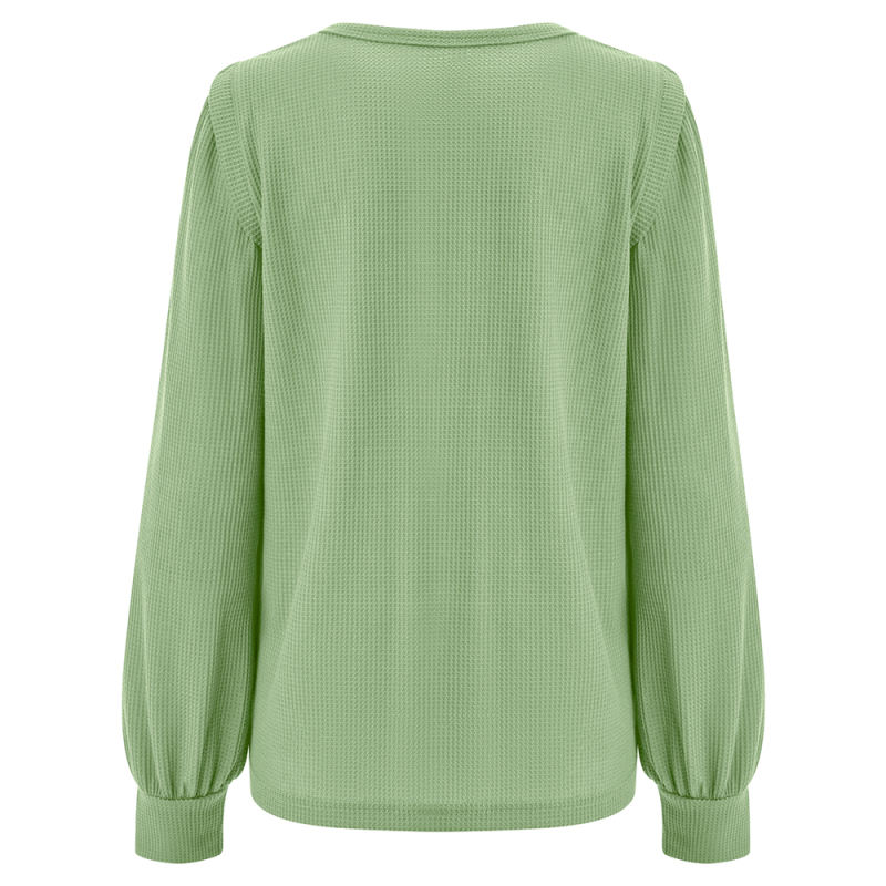 Green Round Neck Waffle Long Sleeve Tops