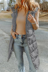 Dark Grey Hooded Long Quilted Vest Coat