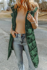 Green Hooded Long Quilted Vest Coat