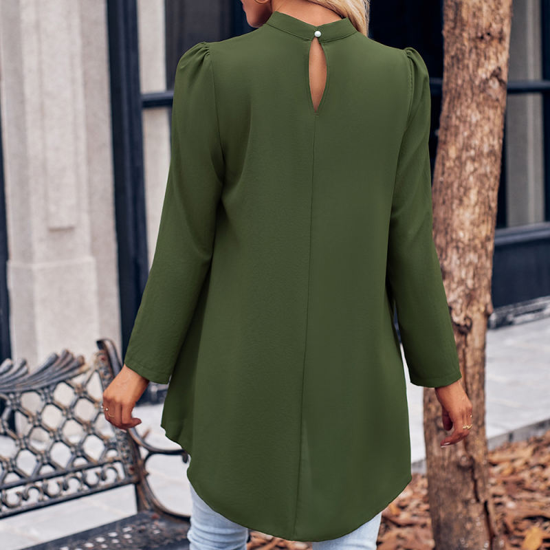 Army Green Back Keyhole High Low Long Sleeve Blouse
