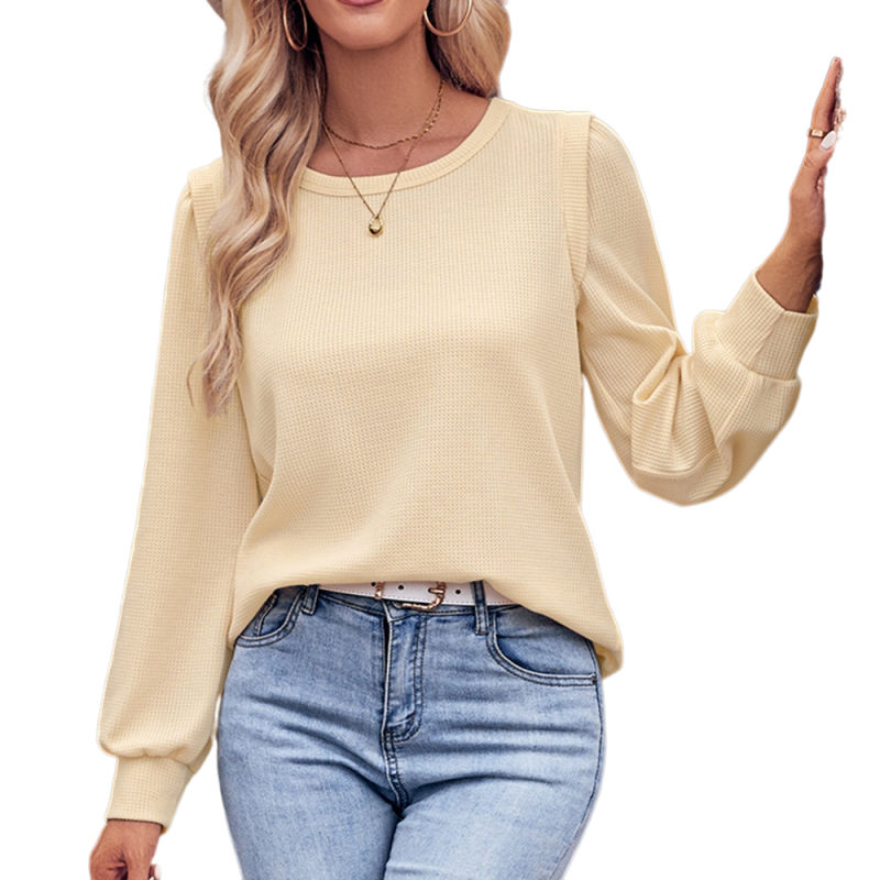Apricot Round Neck Waffle Long Sleeve Tops