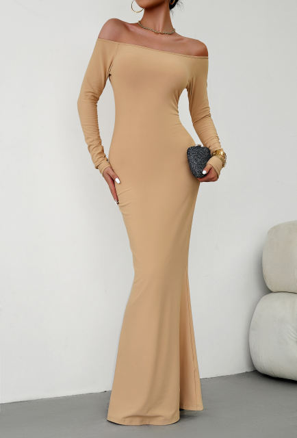 Khaki Off Shoulder Long Sleeve Maxi Dress