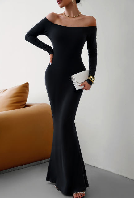 Black Off Shoulder Long Sleeve Maxi Dress