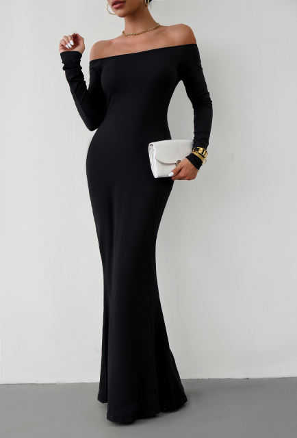 Black Off Shoulder Long Sleeve Maxi Dress