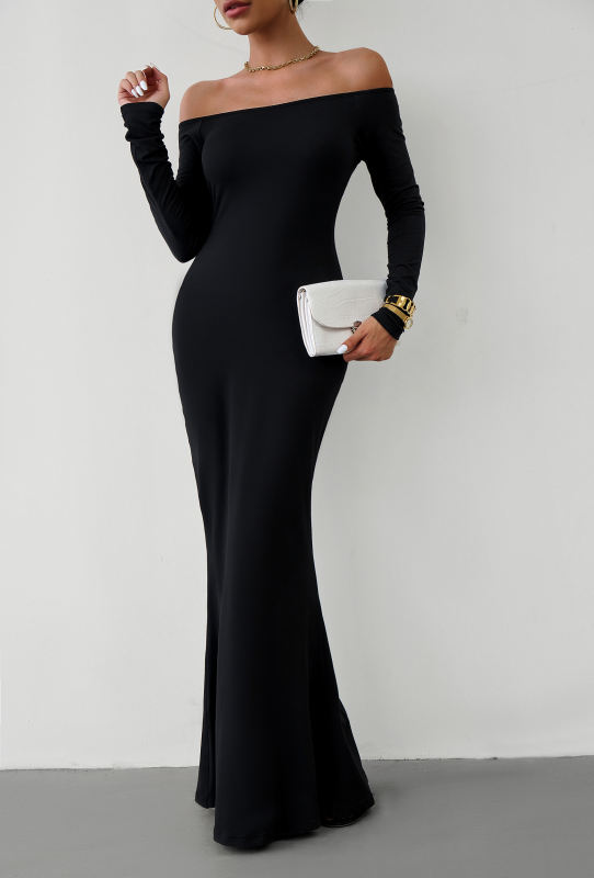 Black Off Shoulder Long Sleeve Maxi Dress