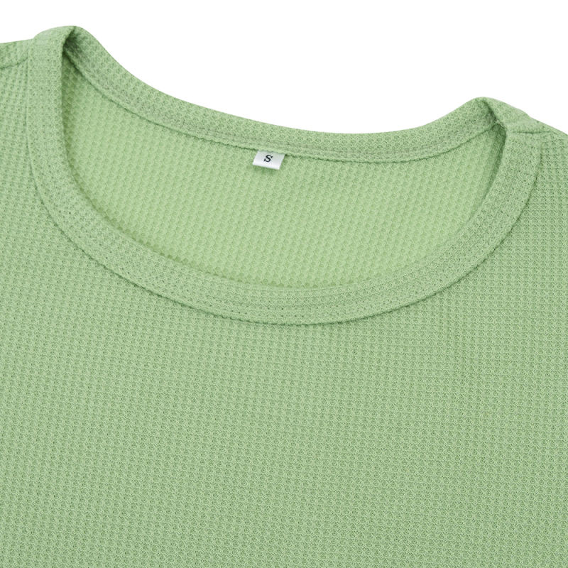 Green Round Neck Waffle Long Sleeve Tops