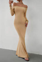 Khaki Off Shoulder Long Sleeve Maxi Dress
