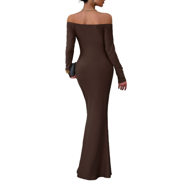 Coffee Off Shoulder Long Sleeve Maxi Dress