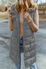 Dark Grey Hooded Long Quilted Vest Coat