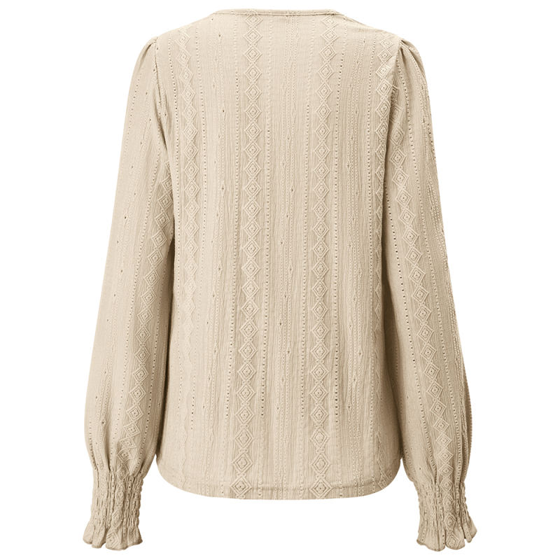 Apricot Embossed V Neck Pleated Cuffs Long Sleeve Top