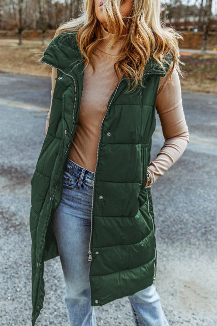 Green Hooded Long Quilted Vest Coat