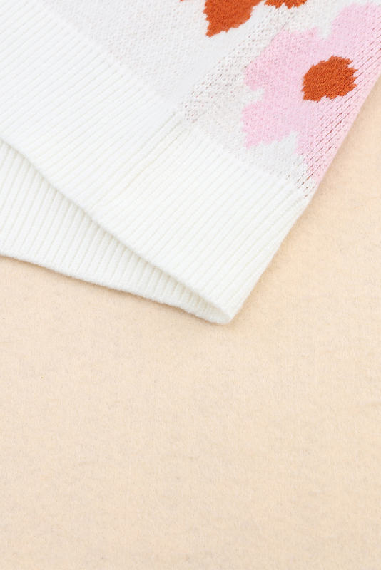 White Sweet Flower Knitted Ribbed Hem Sweater