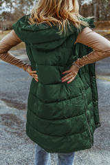 Green Hooded Long Quilted Vest Coat