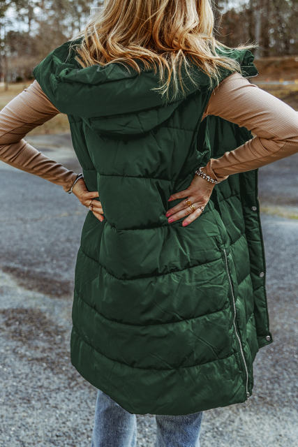 Green Hooded Long Quilted Vest Coat