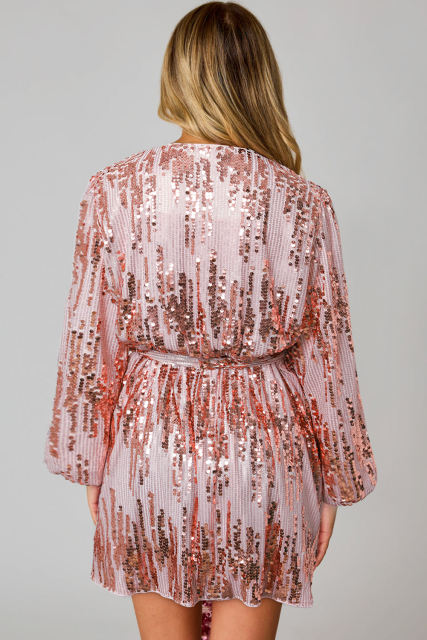 Pink Sequin Bubble Sleeves Short Wrap Dress