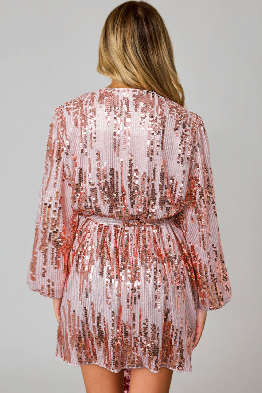 Pink Sequin Bubble Sleeves Short Wrap Dress
