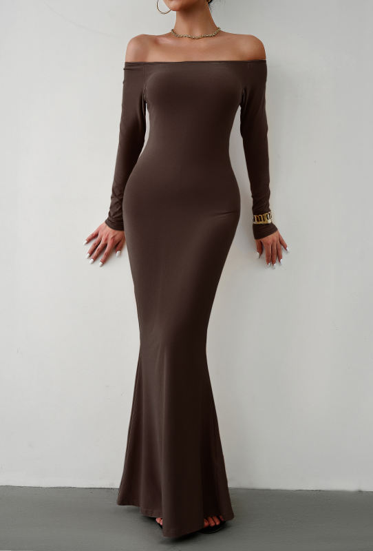 Coffee Off Shoulder Long Sleeve Maxi Dress