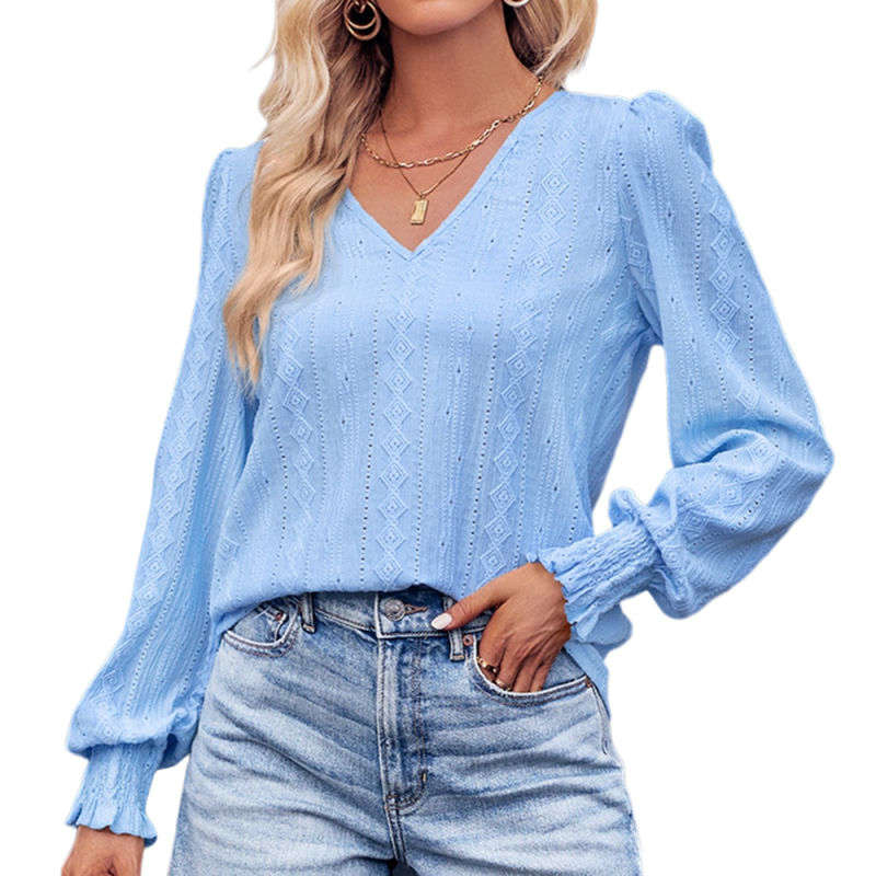 Blue Embossed V Neck Pleated Cuffs Long Sleeve Top