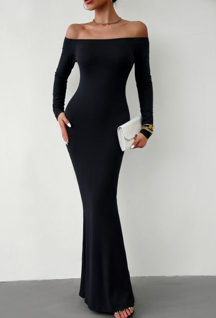 Black Off Shoulder Long Sleeve Maxi Dress