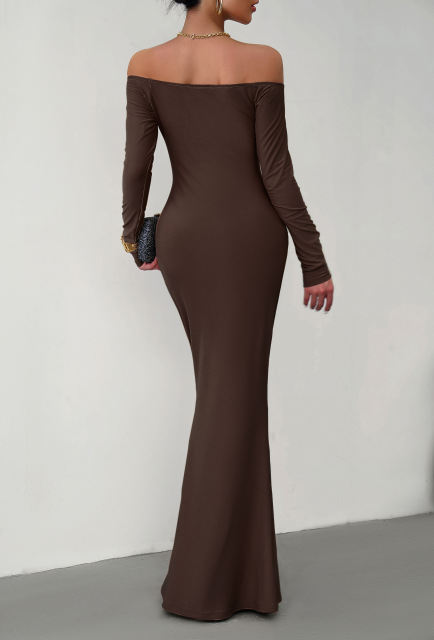 Coffee Off Shoulder Long Sleeve Maxi Dress