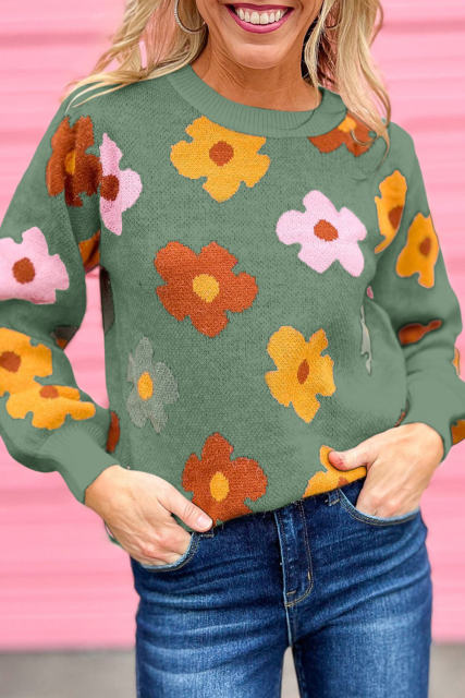Green Sweet Flower Knitted Ribbed Hem Sweater