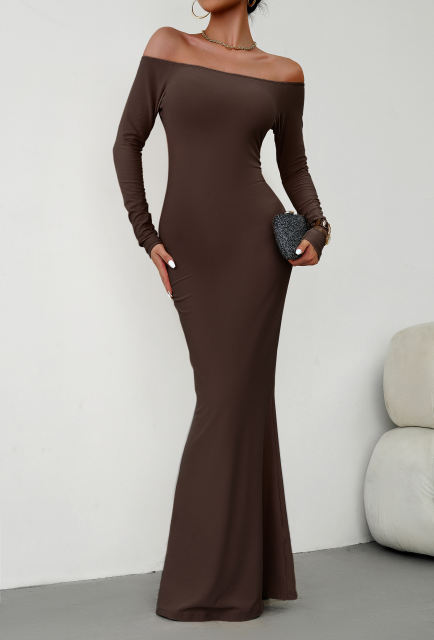 Coffee Off Shoulder Long Sleeve Maxi Dress