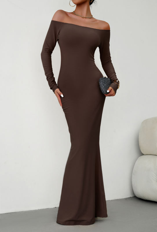 Coffee Off Shoulder Long Sleeve Maxi Dress