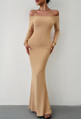 Khaki Off Shoulder Long Sleeve Maxi Dress