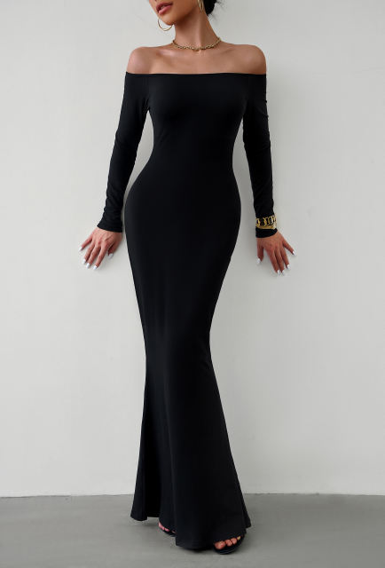Black Off Shoulder Long Sleeve Maxi Dress