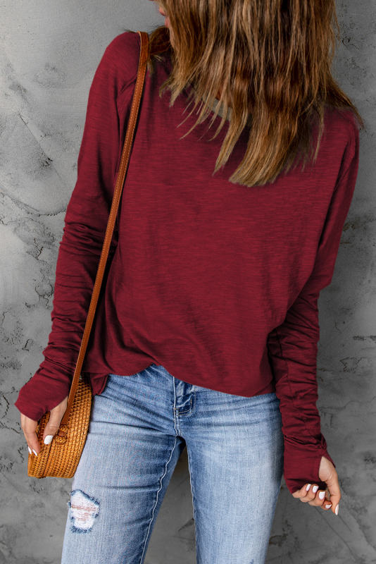 Red Solid Crew Neck Long Sleeve Top