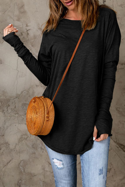 Black Solid Crew Neck Long Sleeve Long Sweatshirt