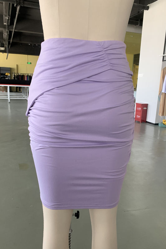 Light Purple Solid Color Pleated High Waist Bodycon Skirt