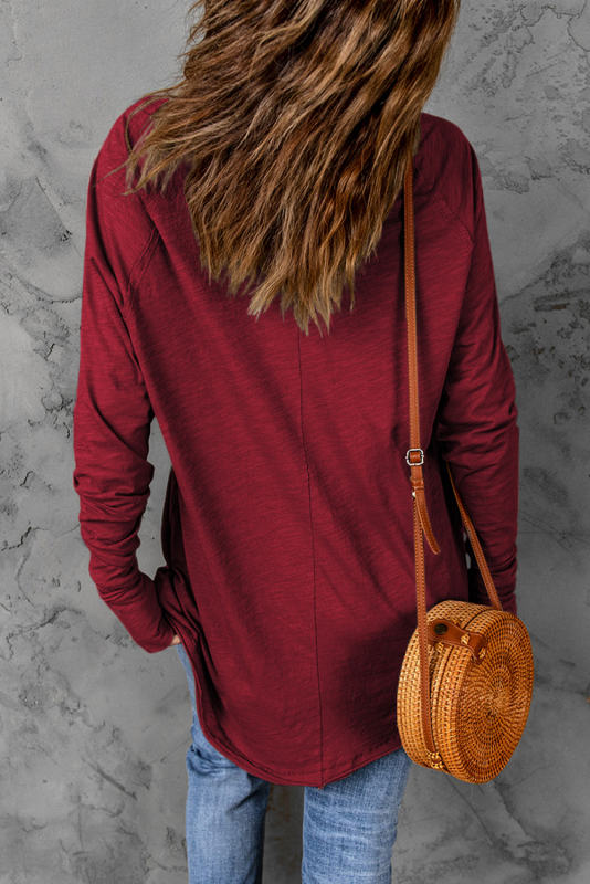 Red Solid Crew Neck Long Sleeve Top