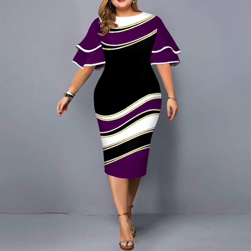 Purple Ruffle Sleeves Digital Print Plus Size Dress