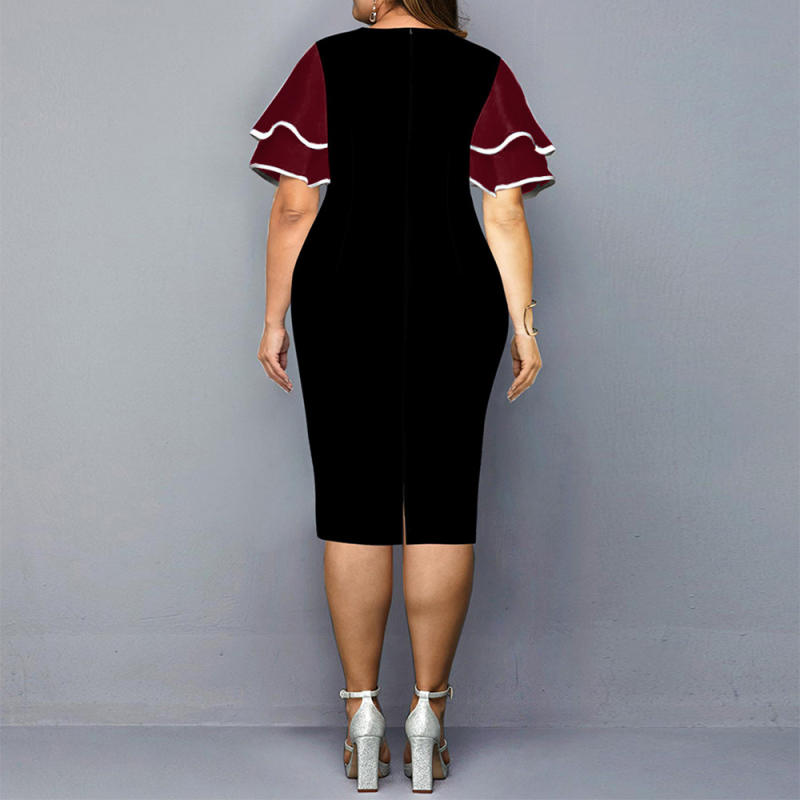 Wine Red Ruffle Sleeves Digital Print Plus Size Dress