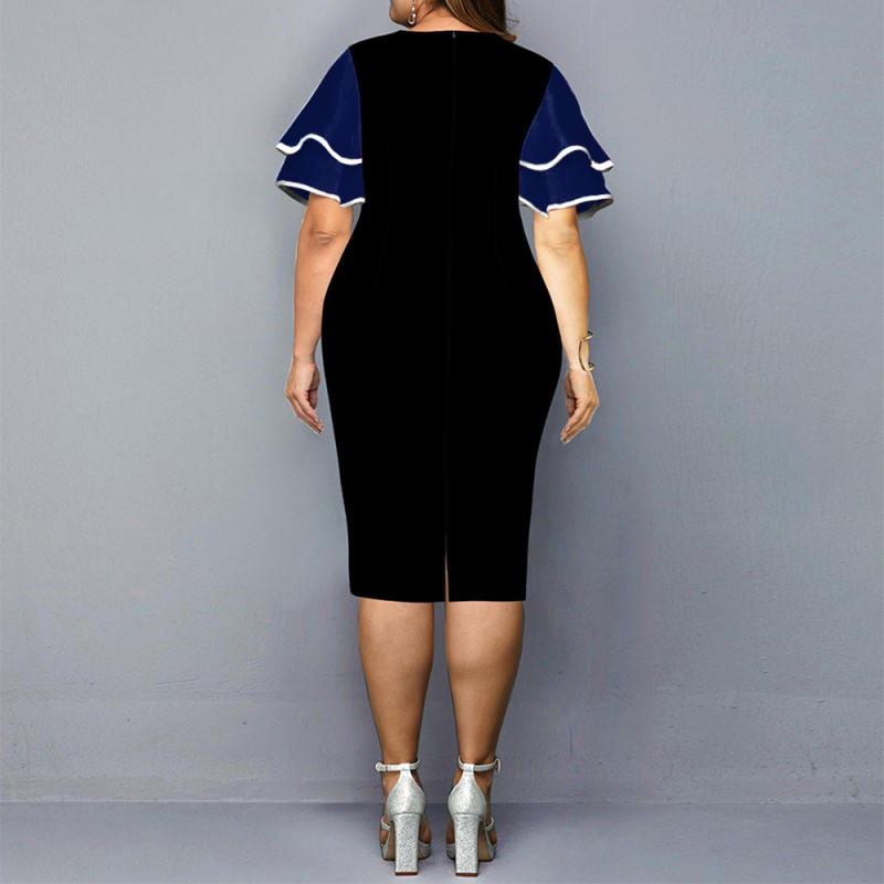 Navy Blue Ruffle Sleeves Digital Print Plus Size Dress