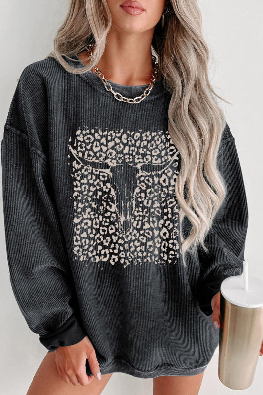 Black Leopard Steer Head Pattern Corded Western Sweatshirt
