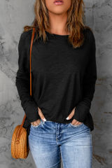 Black Solid Crew Neck Long Sleeve Long Sweatshirt