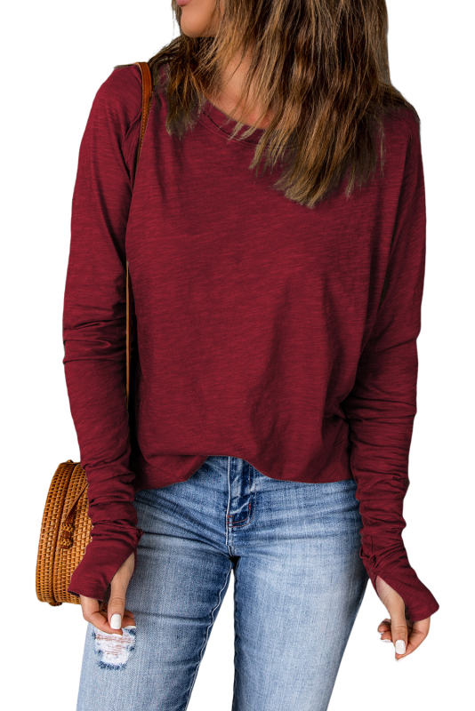 Red Solid Crew Neck Long Sleeve Top