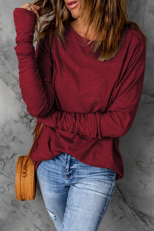 Red Solid Crew Neck Long Sleeve Top