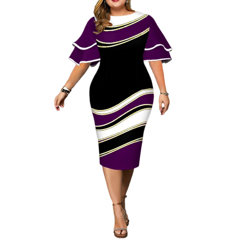 Purple Ruffle Sleeves Digital Print Plus Size Dress