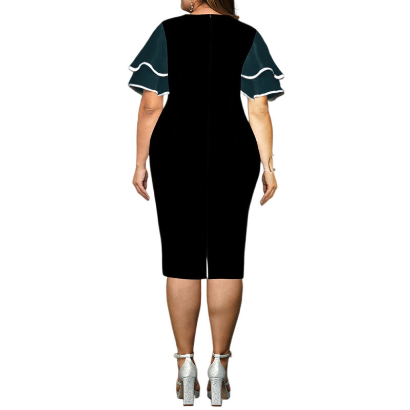 Blackish Green Ruffle Sleeves Digital Print Plus Size Dress