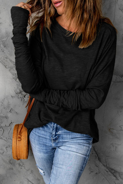 Black Solid Crew Neck Long Sleeve Long Sweatshirt