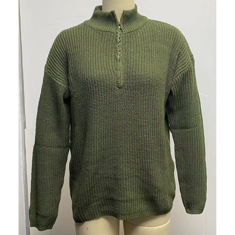 Army Green Zipper High Neck Knit Sweater