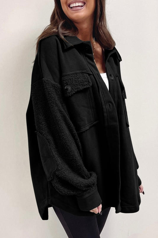 Black Exposed Seam Elbow Patch Oversized Shacket