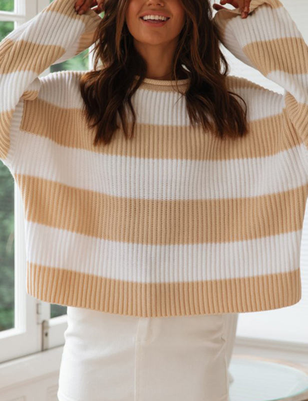 Khaki Striped Spliced Round Neck Knit Sweater