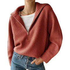 Tangerine Zipper-up Knit Pullover Sweater