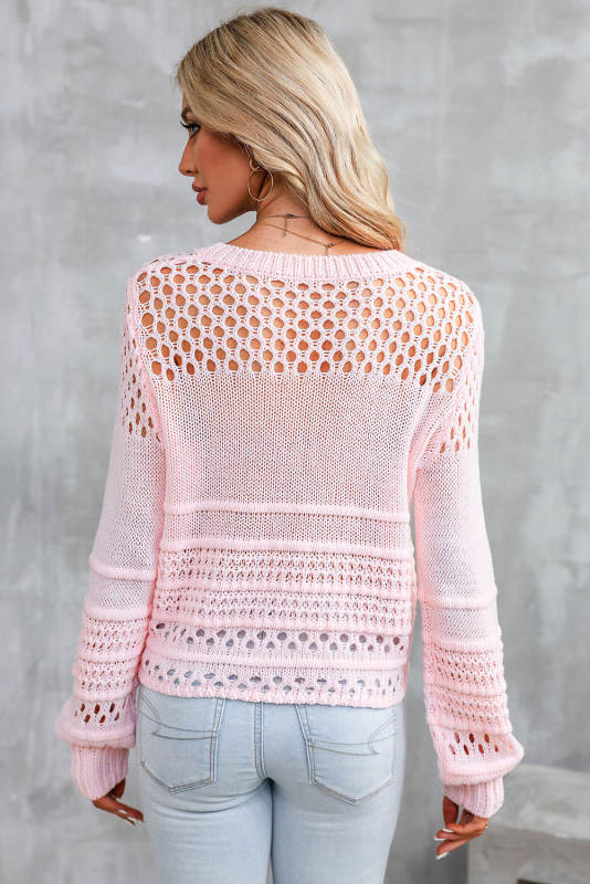 Pink Solid Color Pointelle Knit Puff Sleeve Sweater