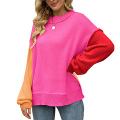 Rose Colorblock Round Neck Knit Sweater